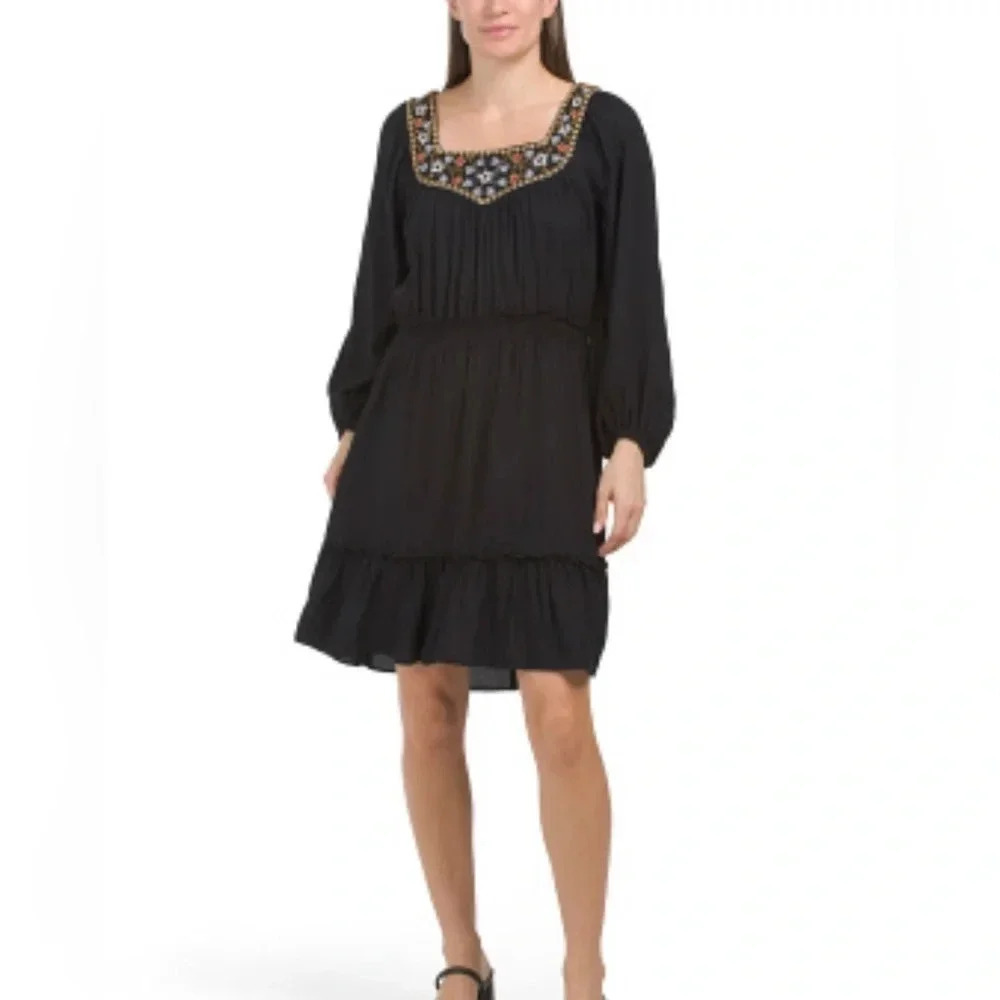 Max Studio Boho Romantic Peasant Square Neck Embroidered Dress XS Long Sleeve